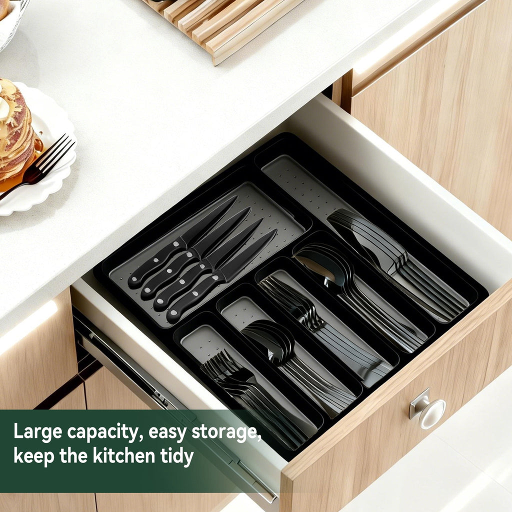 49-Piece Silverware Set with Flatware Drawer Organizer, Durable Stainless Steel Cutlery Set for 8, Mirror Polished Kitchen Utensils Tableware Service with Steak Knives Dinner Fork Knife Spoon & Tray