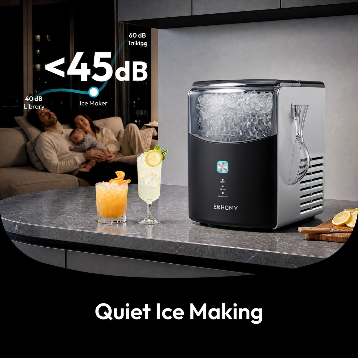 EUHOMY Countertop Nugget Ice Maker, 35lbs/24H Chewable Ice Machine, Self-Cleaning, Quiet Operation, Portable for Home, Office, Bar & RV, Black