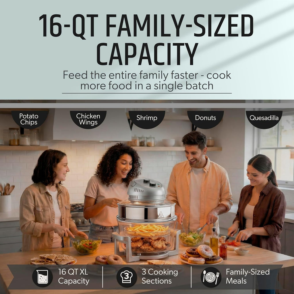 Granitestone 16Qt Large Glass Air Fryer Non Toxic – Family Sized Airfryer Cooker with 3 Cooking Levels, Stainless Steel Racks, Chicken, No Preheat, Self Cleaning, Dishwasher Safe, White