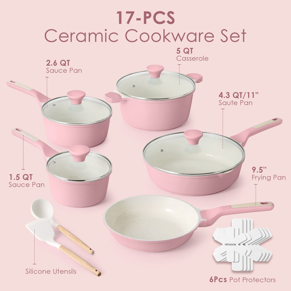 SENSARTE Ceramic Nonstick Pots and Pans Set, 10Pcs Healthy Non Stick Cookware Set with Pots Protectors, Induction Kitchen Cookware Sets, Dishwasher Safe White