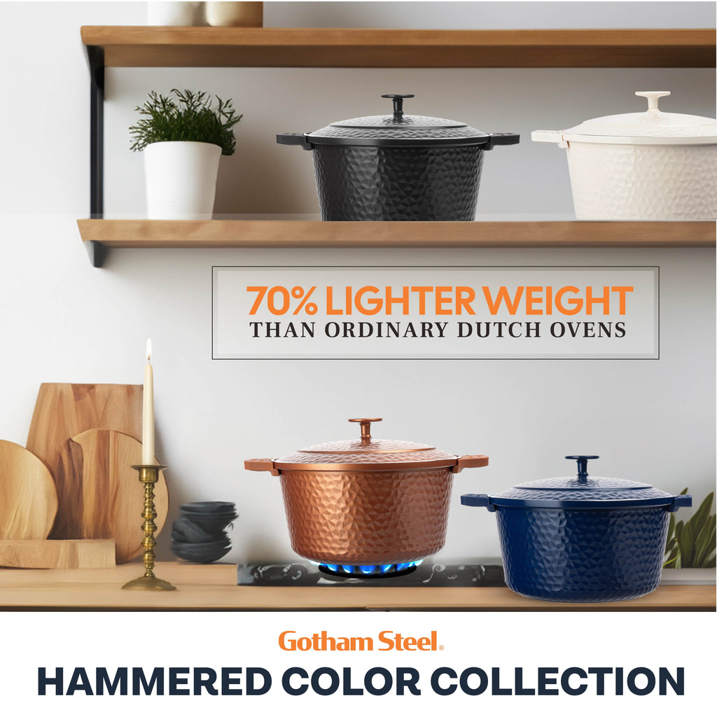 Gotham Steel Ceramic Hammered 5 Qt Lightweight Dutch Oven Pot with Lid & Holders, Oven Safe & Even Heat Retaining Dutch Oven for Bread Baking Sourdough, Soup, 70% Lighter than Cast Iron, Navy