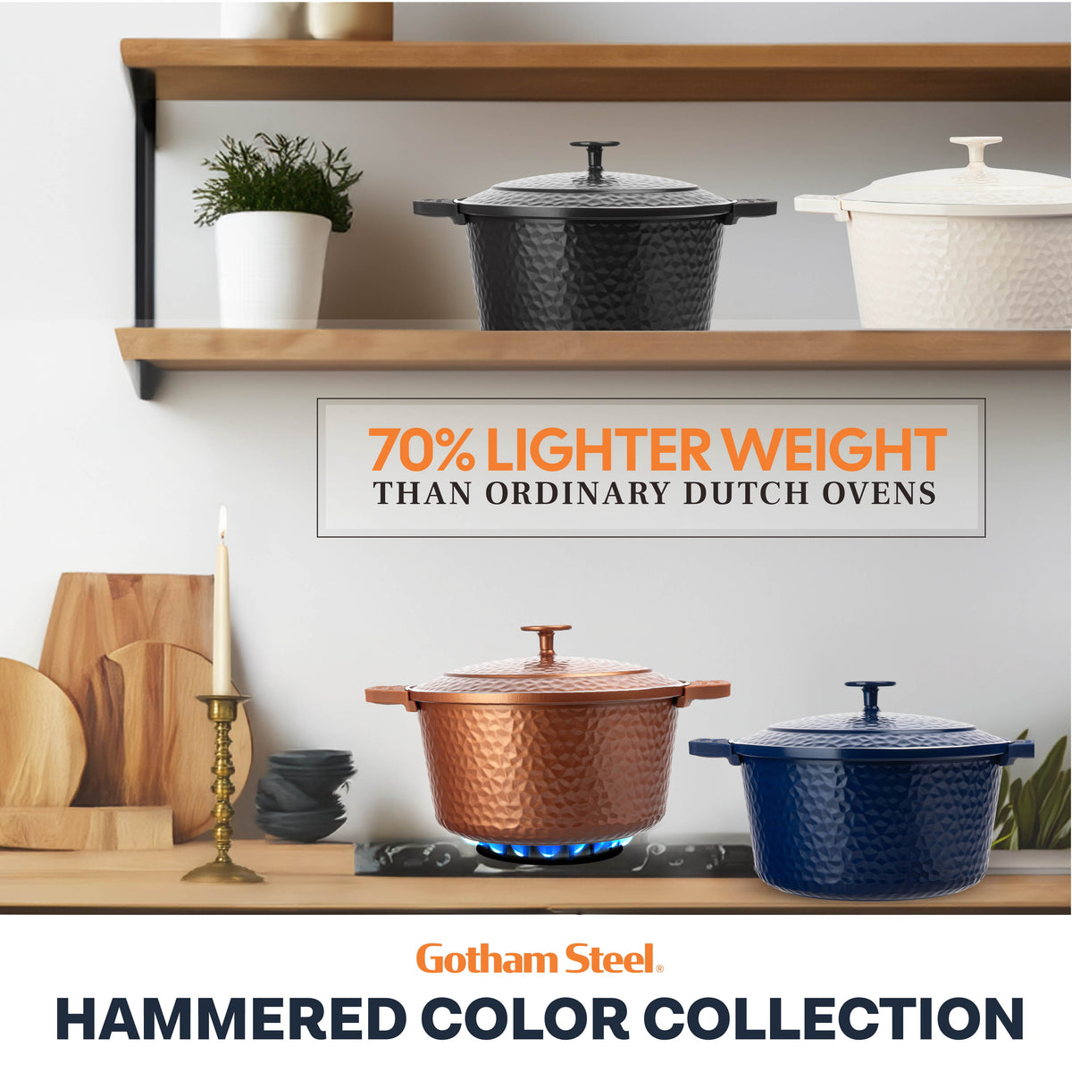 Gotham Steel Ceramic Hammered 5 Qt Lightweight Dutch Oven Pot with Lid & Holders, Oven Safe & Even Heat Retaining Dutch Oven for Bread Baking Sourdough, Soup, 70% Lighter than Cast Iron, Navy
