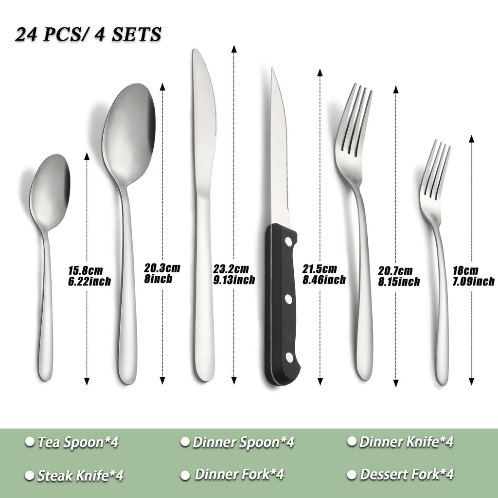 Bestdin 24 Pieces Silverware Set, Flatware Sets with Steak Knives Service for 4, Premium Stainless Steel Mirror Polished Cutlery Utensil Set, Durable Home Kitchen Eating Tableware Set,Dishwasher Safe