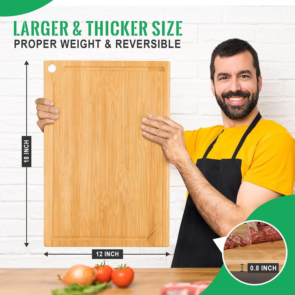 18” x 12” Cadley Bamboo Cutting Board for Kitchen, Extra Large Wooden Chopping Board with Juice Groove and Hanging Hole, Heavy Duty Cutting Board.