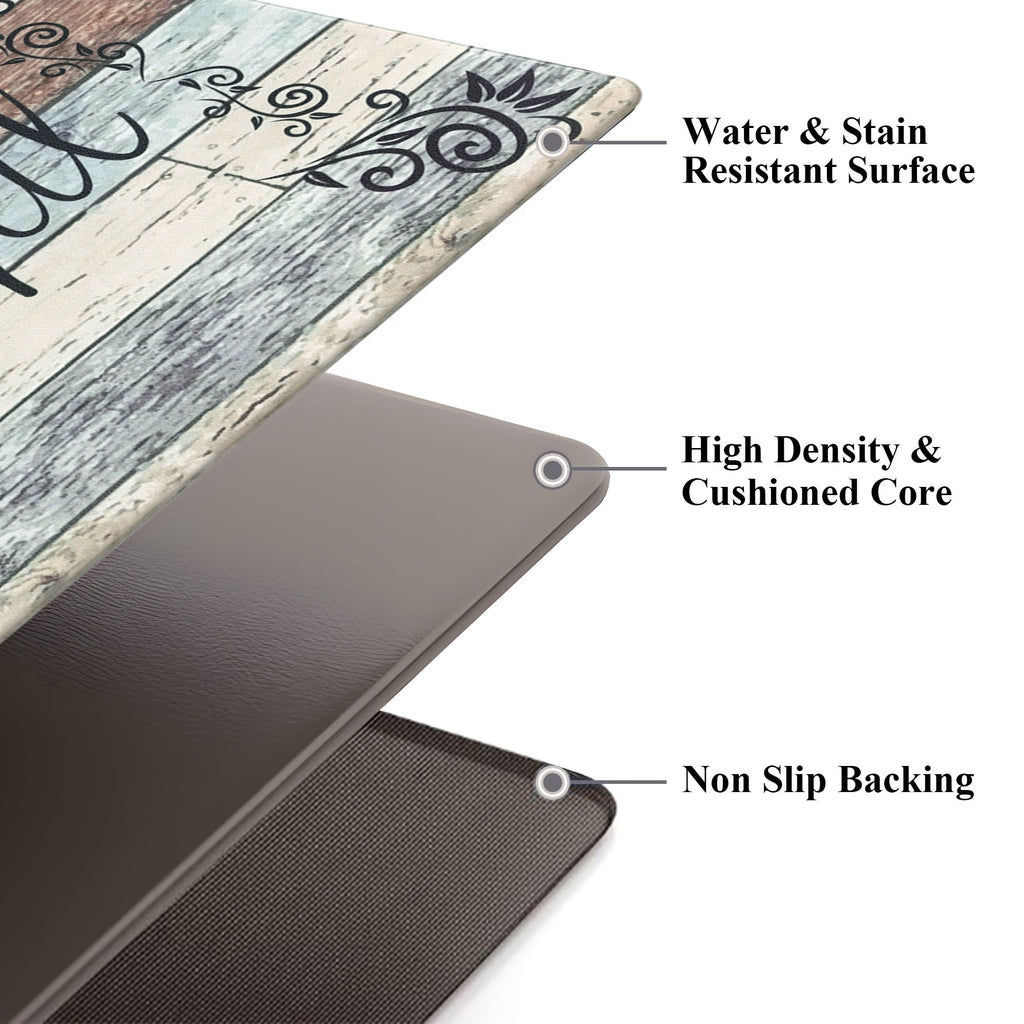 MeyJey Farmhouse Kitchen Rug Set of 2, Non-Slip Anti-Fatigue Waterproof Cushioned Mat for Kitchen, Dining & Laundry Room, 18"x30"+18"x48" Teal/Brown
