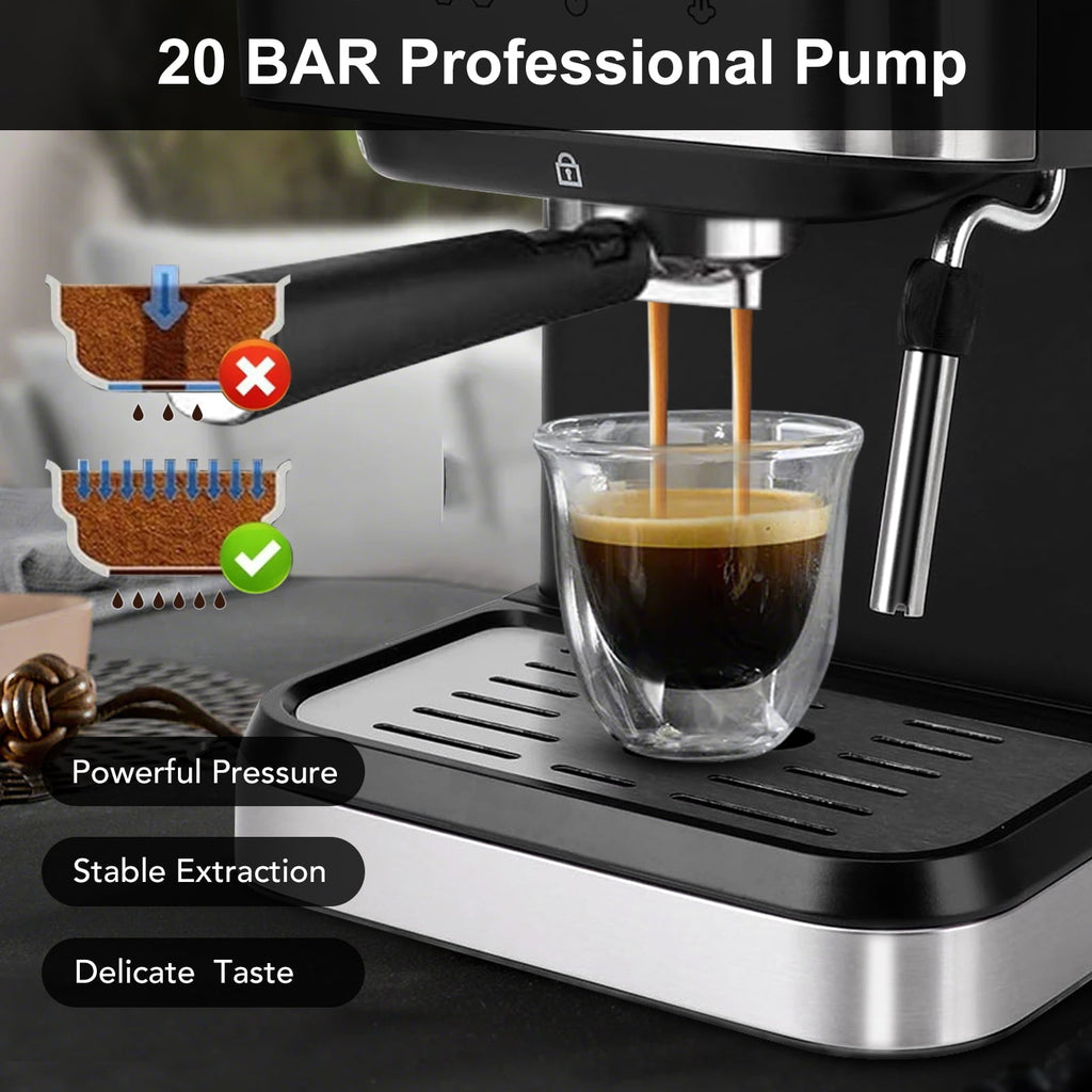 Fyydes Espresso Machine 20 Bar, 1.5L Water Tank with Milk Frother Steam, Stainless Steel Coffee Maker for Espresso, Latte, Mocha, Americano, 1050W, Silver