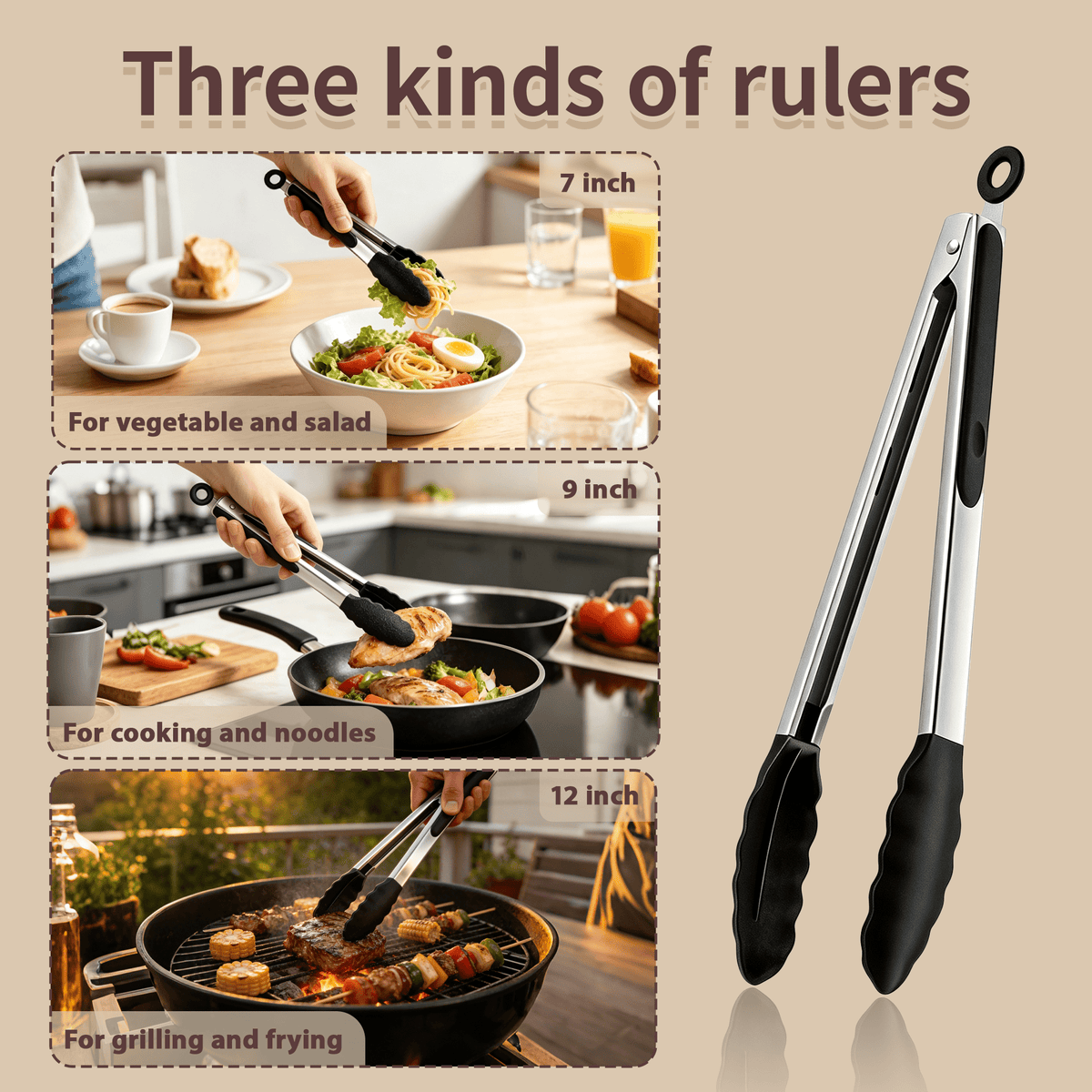 Non-stick black kitchen tongs with silicone tips, heat-resistant up to 480°F, 3-piece set (7“, 9”, 12"), featuring non-stick silicone tips and stainless steel handles. Ideal for cooking, serving, gri
