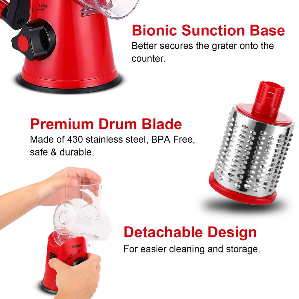 Geedel Rotary Cheese Grater, Kitchen Grater with Strong Suction Base, Dishwasher Safe, Easy to Clean Grater for Cheese,Vegetable, Nuts (3 Blades)