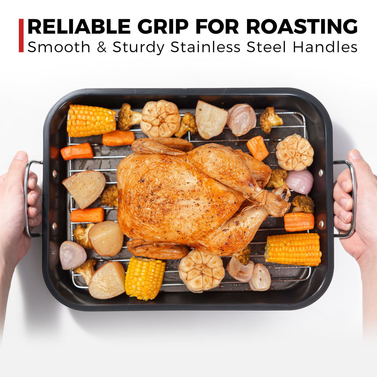 HONGBAKE Small Roasting Pan with Flat Rack, 16"x11.5" Nonstick Turkey Pan for Oven, Chicken Roaster Tray , Baking Pans for Cooking Lasagna with Stainless Steel Handles