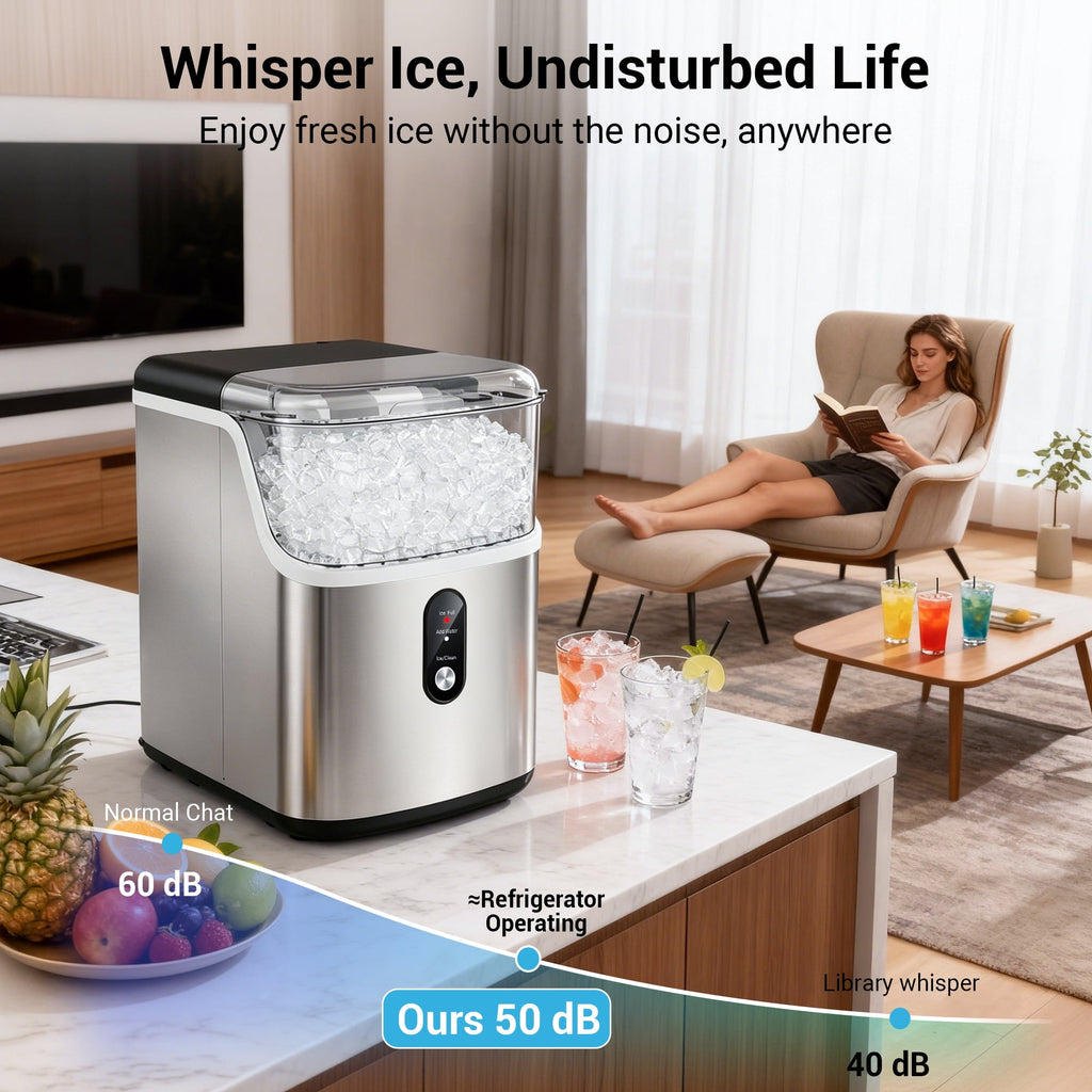 Snowyermine Nugget Ice Maker Countertop, 35 lbs per Day, Soft, Chewable Sonic-Style Pebble Ice, One-Touch Self-Cleaning, Stainless Steel, Black, for Home, Kitchen, Office, RV and Camping