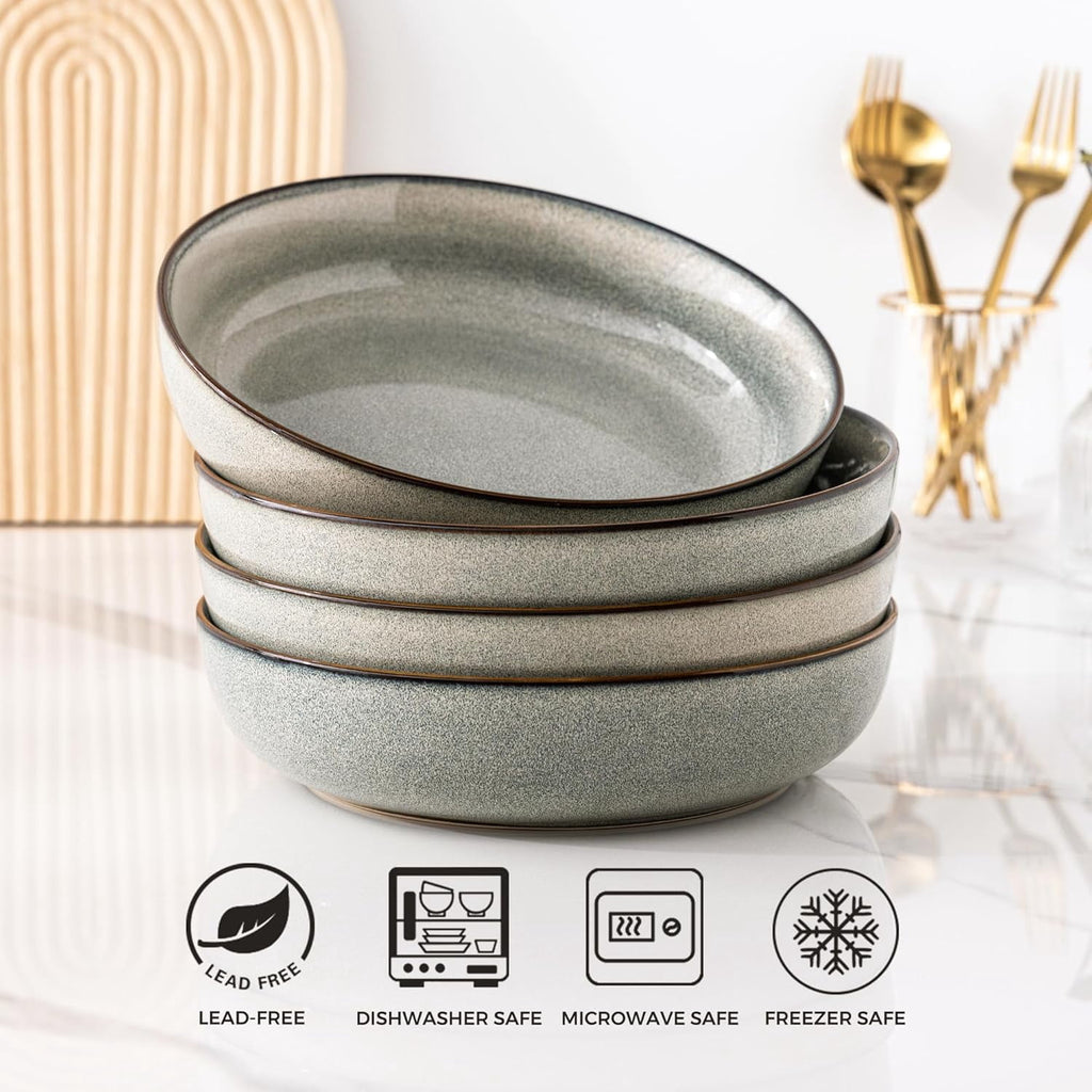 AmorArc 8.75'' Large Ceramic Pasta Bowls, 38oz Stoneware Pasta Serving Bowls Set of 4 for Kitchen, Wide Bowls for Fruit,Pasta,Salad,Oatmeal,Meal, Microwave Safe, Reactive Glaze-Space Blue