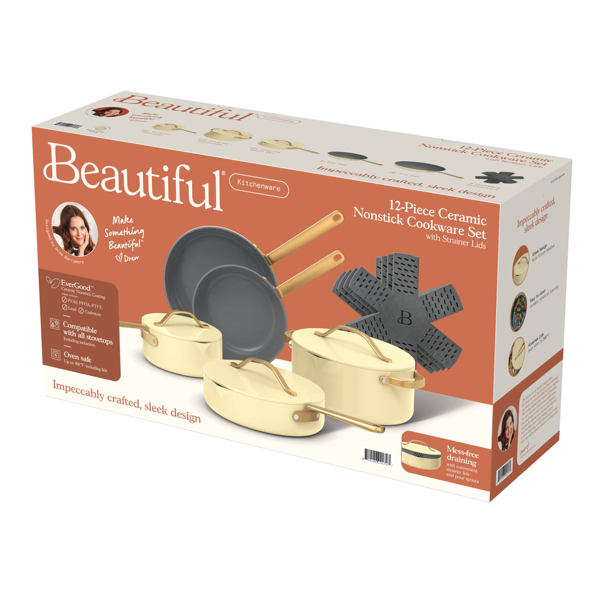 Beautiful 12-Piece Cookware Set, Pots and Pans with Strainer Lids and EverGood Ceramic Nonstick Coating, White Icing by Drew Barrymore