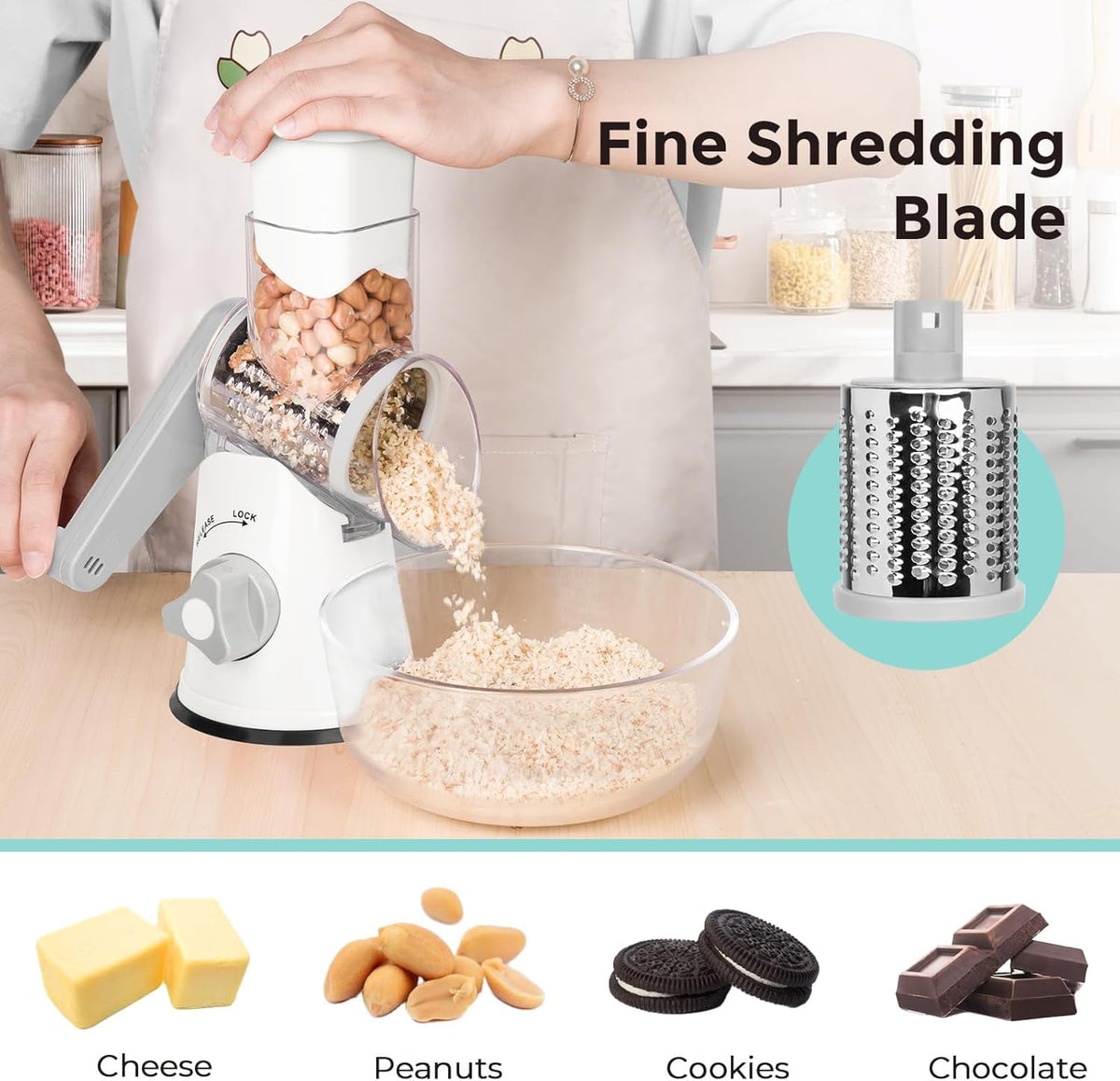 Premium Rotary Cheese Grater, Manual Cheese Grater for Kitchen, Handheld Vegetables Slicer Cheese Shredder with Rubber Suction Base, 3 Stainless Drum Blades Included,Blue