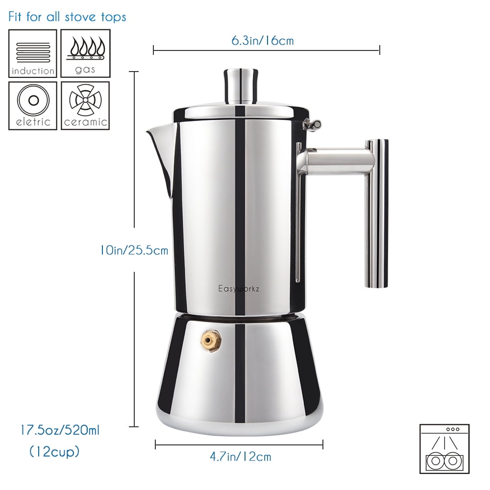 Easyworkz Diego 12 Cup Stovetop Espresso Maker Stainless Steel Italian Coffee Maker Black, 17.5 oz