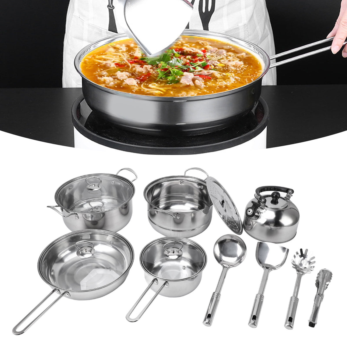 15 Piece Stainless Steel Cookware Set, Pots and Pans Set with Lids Non Toxic, Kitchen Induction Cookware with Utensil Sets For Oven & Dishwasher ,Heavy Premium Kitchen Cooking