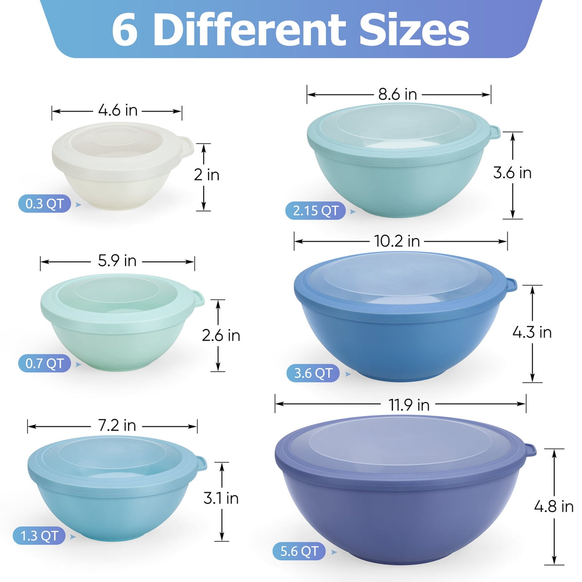 Vesteel 6Pcs Mixing Bowl Set with Lids, Plastic Nesting Bowls for Mixing, Storage, Kitchen Prepping, Serving Food, Microwave & Dishwasher Safe - Multi-color