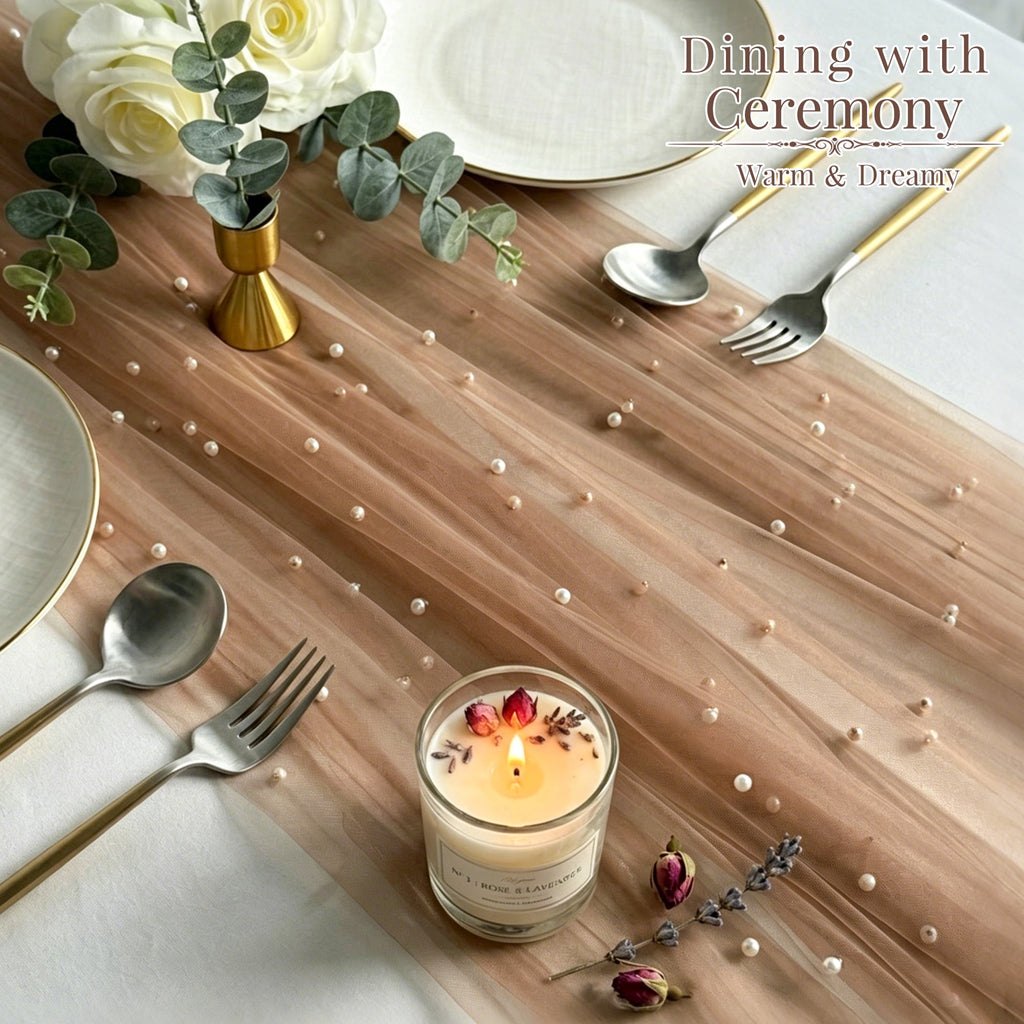 Inosoo Pearl Gauze Table Runner 30x120 inch, 10FT Sheer Tulle Table Decor with Shatterproof Pearls for Wedding Party Dining, White