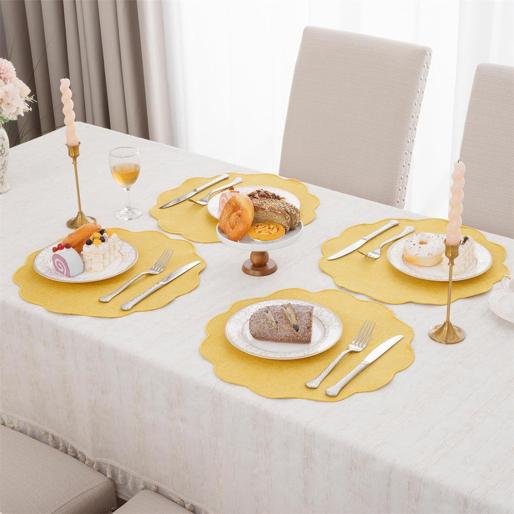 Ileading Scalloped Round Placemats Set of 6 Polyester Linen Blend Washable Non Slip Place Mats Easy Clean Heat Resistant Table Mats for Kitchen Dining Table Decor