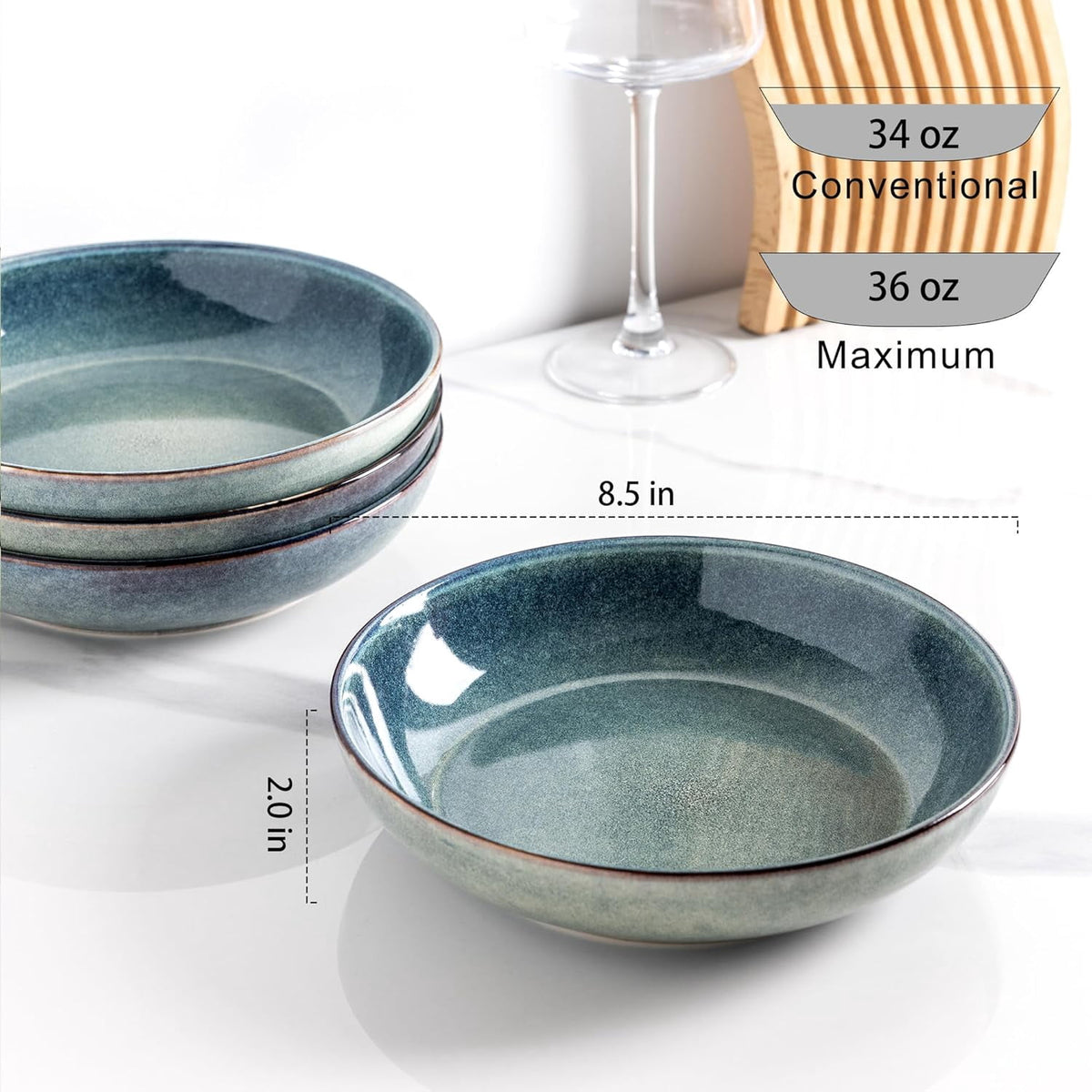 AmorArc 8.5'' Large Ceramic Pasta Bowls Set, 36oz Stoneware Bowls Set of 6 for Kitchen, Reavtive Glaze Bowls-Microwave,Dishwasher Safe for Pasta,Salad,Oatmeal-Ceylon Blue