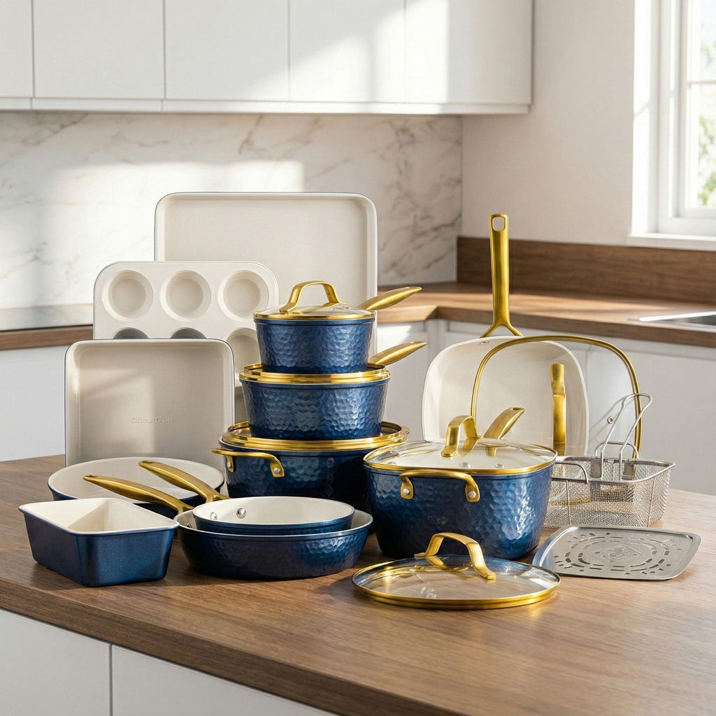 Gotham Steel Hammered 20 Pc Ceramic Cookware Set Nonstick, Induction Pots and Pans Set, Non Toxic Cookware Sets, Oven & Dishwasher Safe, Copper