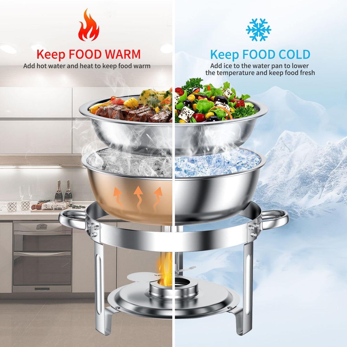 Chafing Dish Buffet Set 4 Pack: TINANA 5QT Stainless Steel Chafing Dishes for Buffet with Glass Lid & Lid Holder, Round Chafers and Buffet Warmers Sets for Parties, Events, Wedding, Camping, Dinner