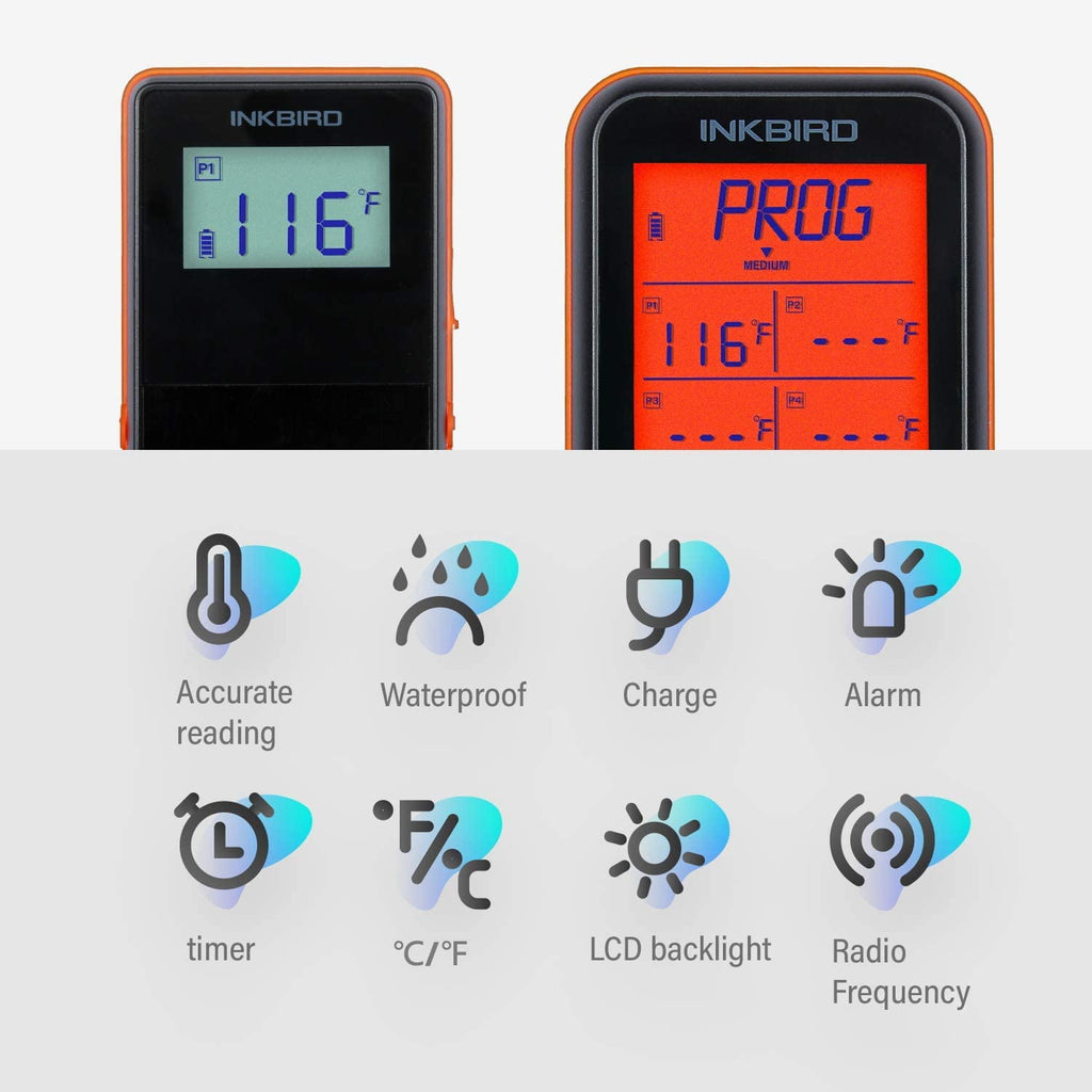 INKBIRD IRF-4S Remote Meat Thermometer for Smoker, Wireless Digital Cooking Grill Thermometer with Timer, Alarm, Dual Probes