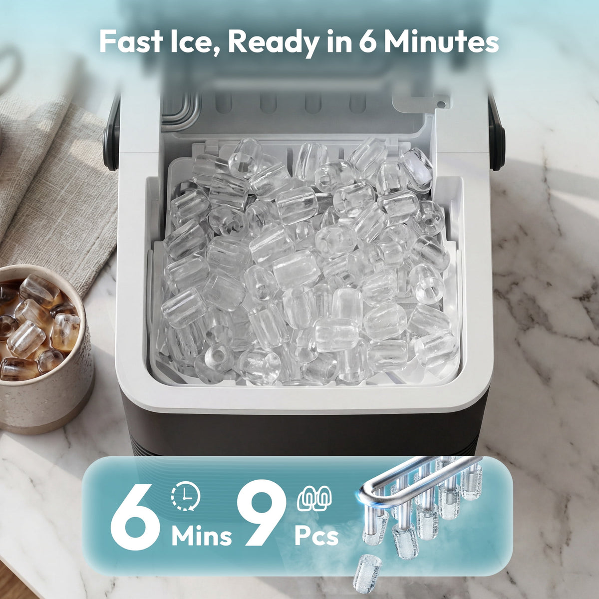 EUHOMY Countertop Ice Maker with Handle, 26 lbs/Day Portable Ice Machine, 9 Bullet Cubes in 6 Minutes, 2 Ice Sizes, Self-Cleaning, 1.1L Water Tank, Black