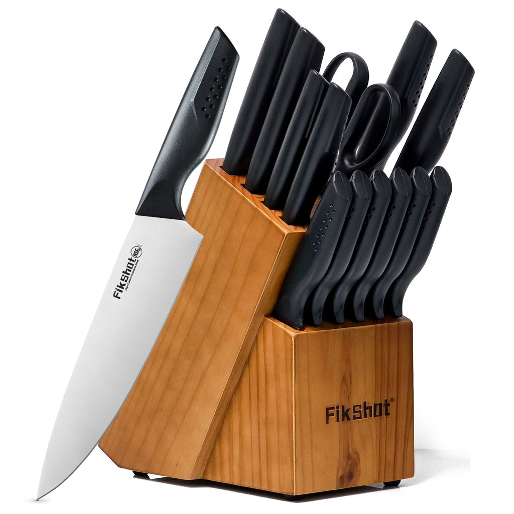 Knife Set with Block and Sharpener, High Carbon Stainless Steel Chef Knife block Set for Kitchen（15 PCS Pro Black）