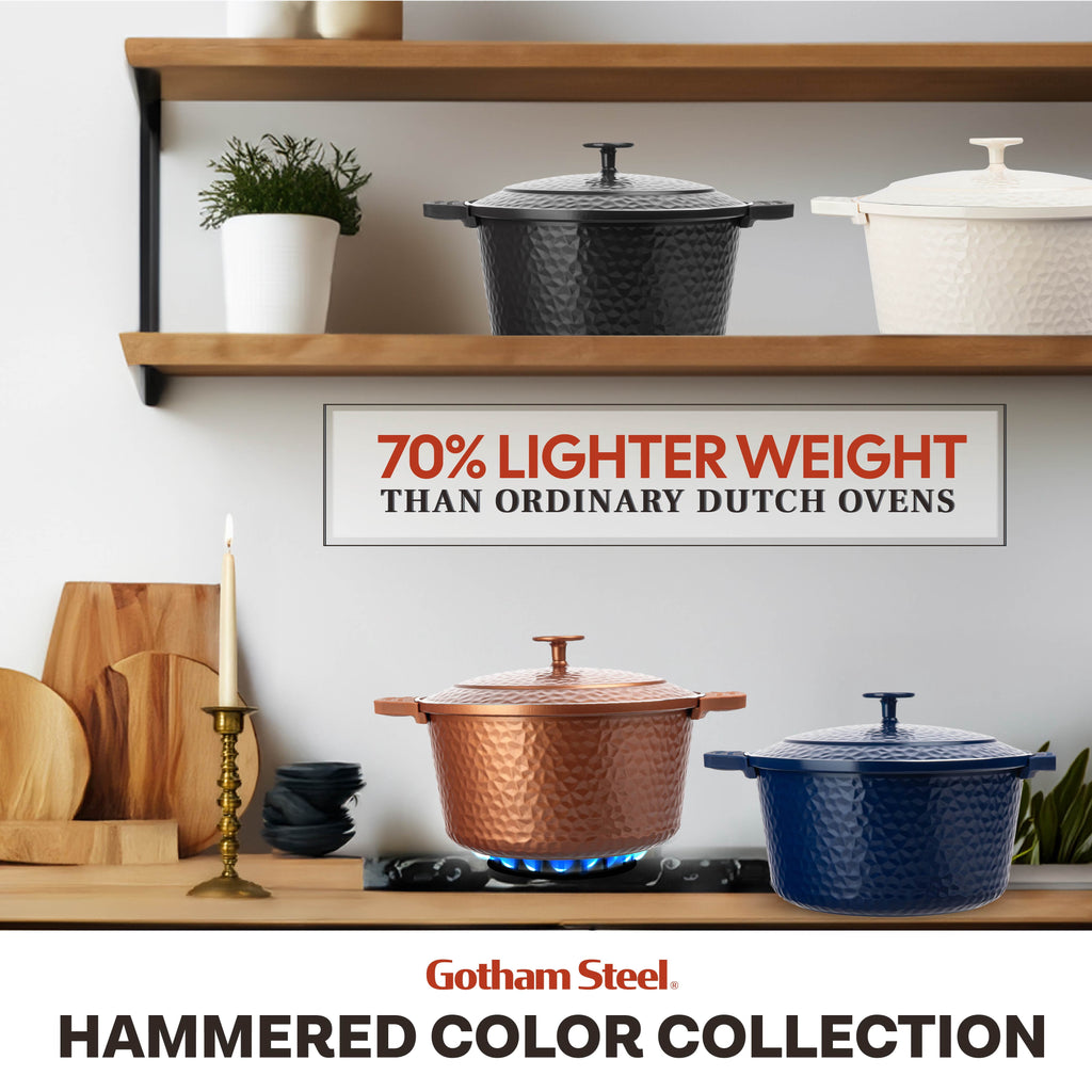 Gotham Steel Ceramic Hammered 5 Qt Lightweight Dutch Oven Pot with Lid & Holders, Oven Safe & Even Heat Retaining Dutch Oven for Bread Baking Sourdough, Soup, 70% Lighter than Cast Iron, Navy