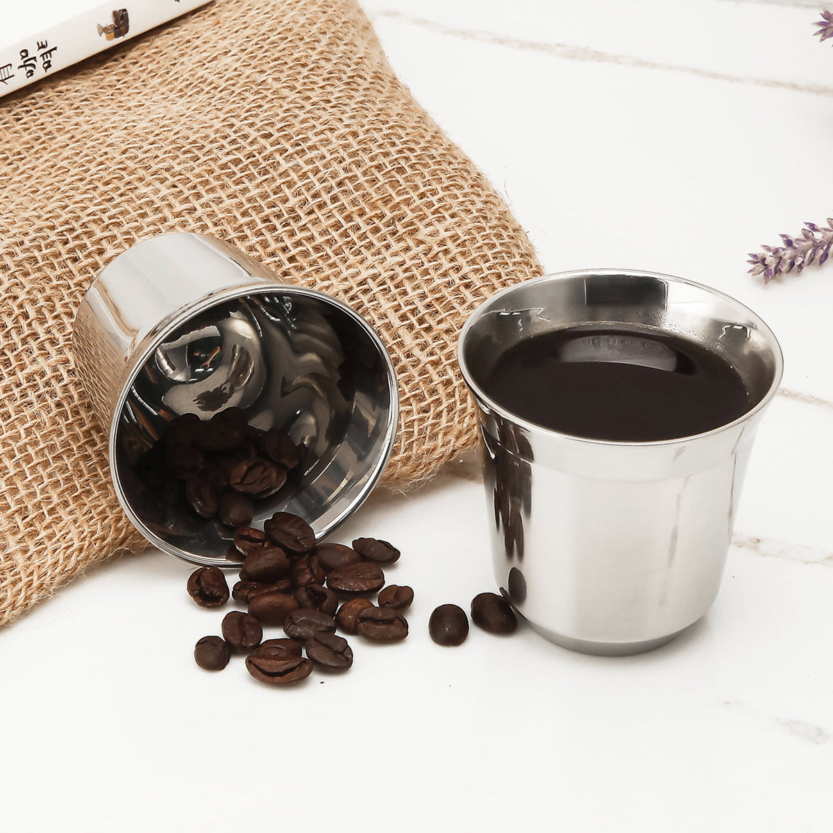 Easyworkz Stainless Steel Espresso Cup 2pcs-Set Double Wall Insulated Demitasse Cups, 2.5 oz Chrome