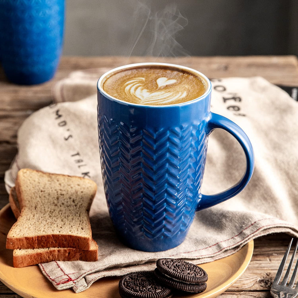 AmorArc Extra Large Coffee Mugs Set of 6, 20oz Ceramic Tall Coffee Mugs Set with Textured Geometric Patterns for Coffee/Tea/Beer/Hot Cocoa, Dishwasher & Microwave Safe,Beige
