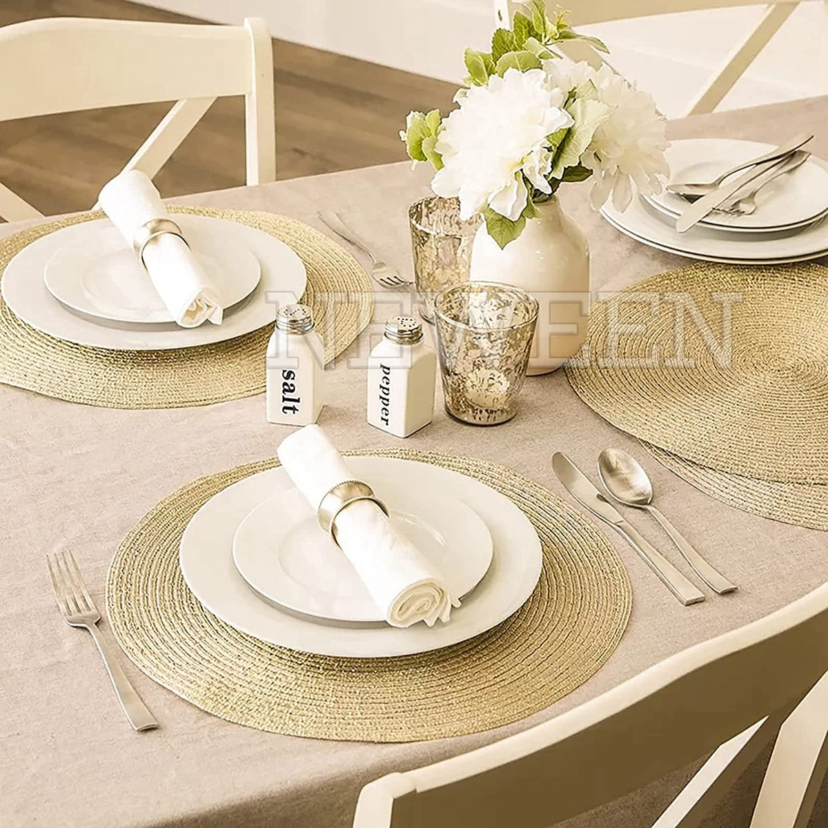 NEWEEN 15" Round Placemats Set of 6 Braided Fabric Heat Resistant Washable Table Mat for Kitchen for Kitchen Party Decor