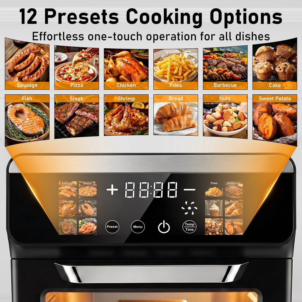 Smart Air Fryer Toaster Oven, 12 One-Touch Preset Functions, Smart Cooking Program, Viewing Window, Interior Light, Two Baking Pan Additions, Adjustable Time & Temperature, Oil-Free Family Cooker,