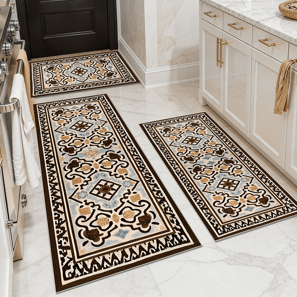 TECHVIDA Kitchen Rug Set 3 Piece,Non Slip Machine Washable Kitchen Mats, Farmhouse Hallway Doormat for Home Floor and Living Room,Gray