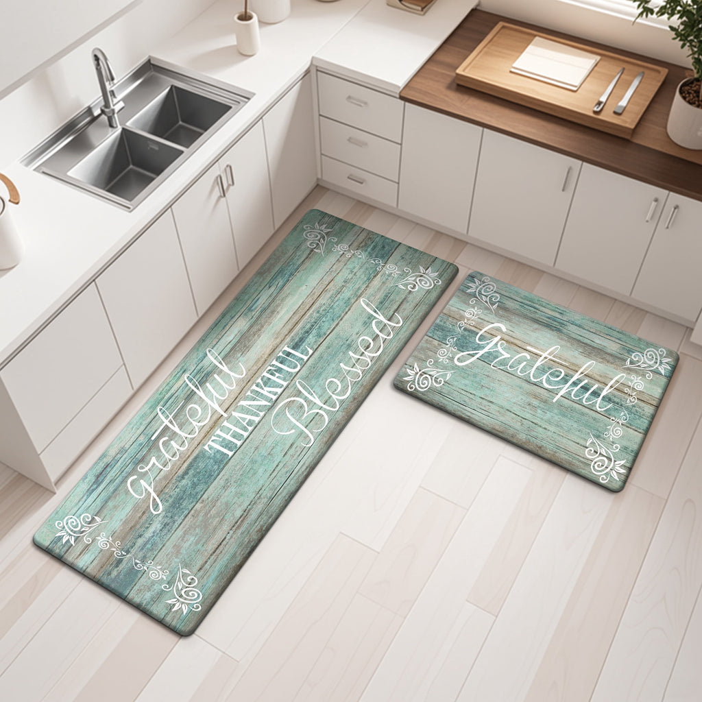 MeyJey Farmhouse Kitchen Rug Set of 2, Non-Slip Anti-Fatigue Waterproof Cushioned Mat for Kitchen, Dining & Laundry Room, 18"x30"+18"x48" Teal/Brown