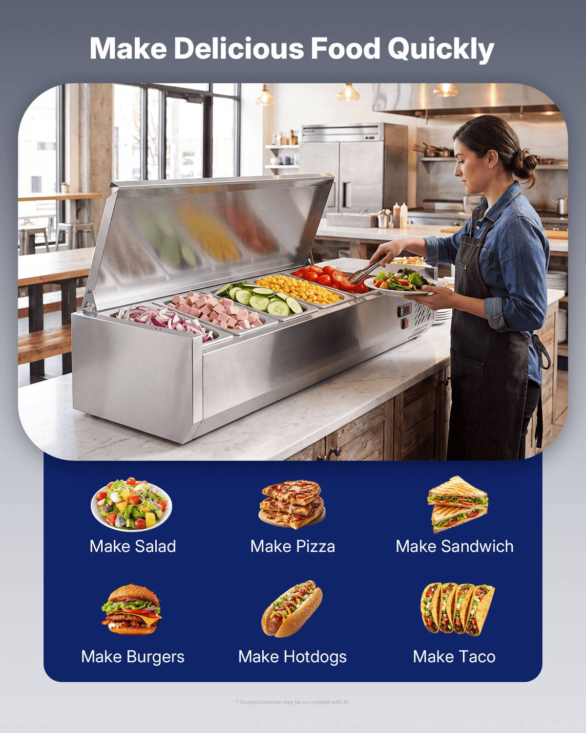 Upstreman Countertop Refrigerated Condiment Prep Station, 47" Sandwich Prep Table Stainless Steel 5 Pans Salad Bar Prep Table with Digital Temp Control, Silver