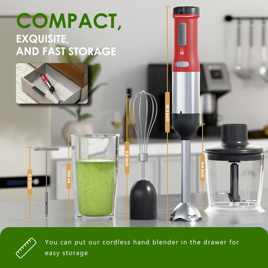 WHALL Cordless Immersion Blender, Rechargeable 5-in-1 Hand Blender with Whisk, Milk Frother Attachments, Portable Stick mixed,700ml Beaker, 500ml Chopper
