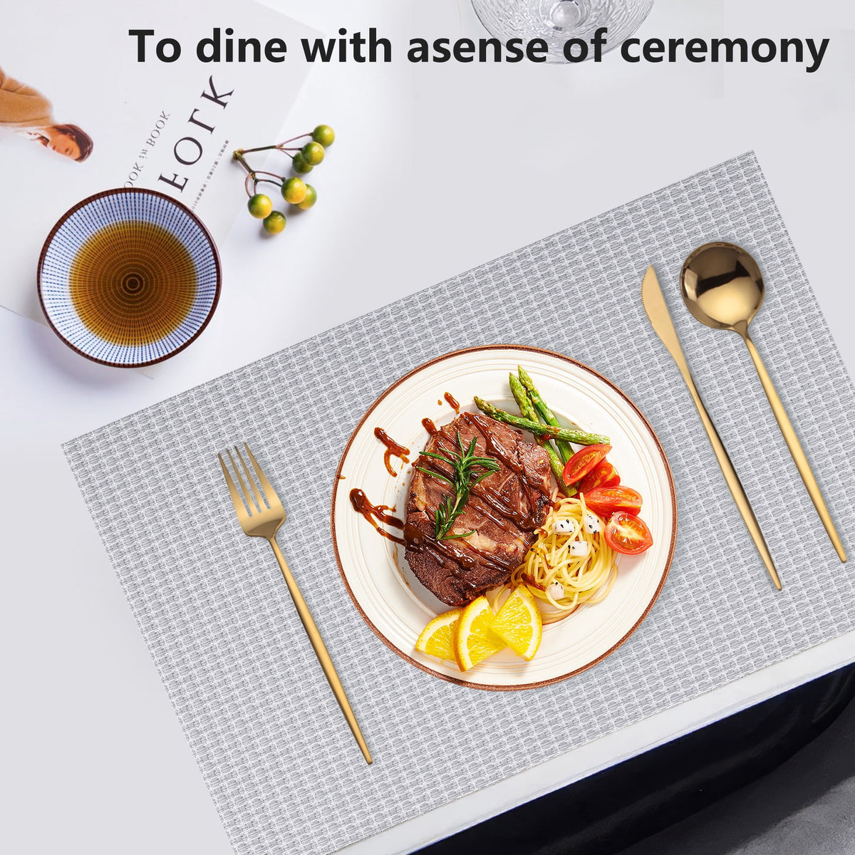VCVCOO Navy Blue Placemats Set of 4 - Easy Clean Washable PVC Vinyl Placemats - Wipeable Heat Resistant Woven Table Mats for Dining Table - 12x18 inch