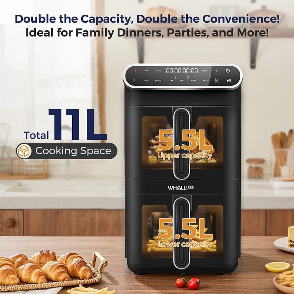 WHALLSE Dual Basket Digital Air Fryer Oven with View Windows, 2 Independent 5.5 Qt Baskets, 1650W, New