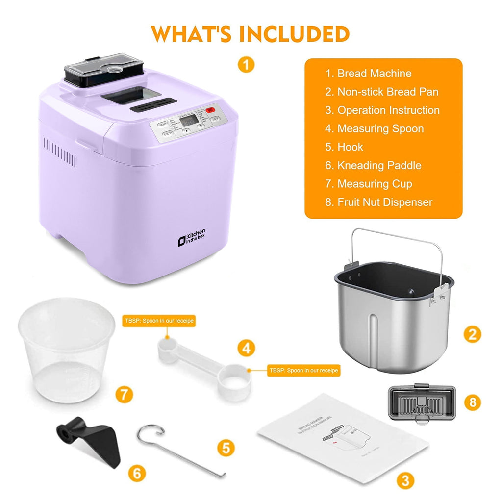 Kitchen in the Box 2lb Bread Maker with Auto Fruit Nut Dispenser, 12-in-1 Gluten-Free Bread Machine, 13H Delay Timer, Nonstick Pan, Keep Warm, White