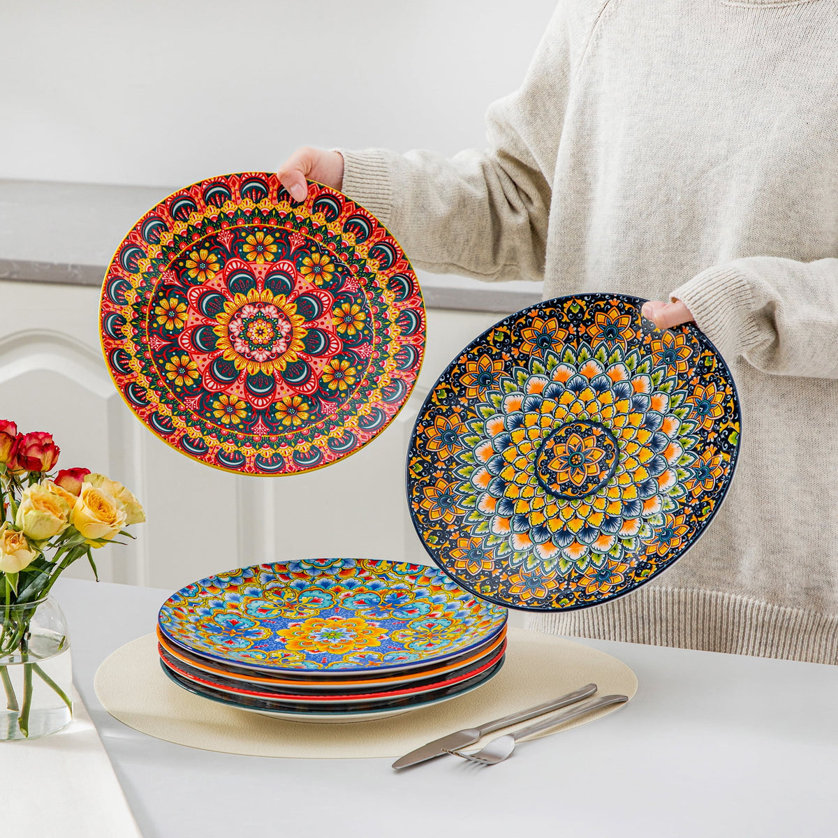 Vancasso Ceramic Dinner Plates Set of 6,10.5" Reactive Glaze Porcelain Plates, Bohemian Style Dinnerware Dishes Set for Kitchen, Scratch Resistant, Series LUMI