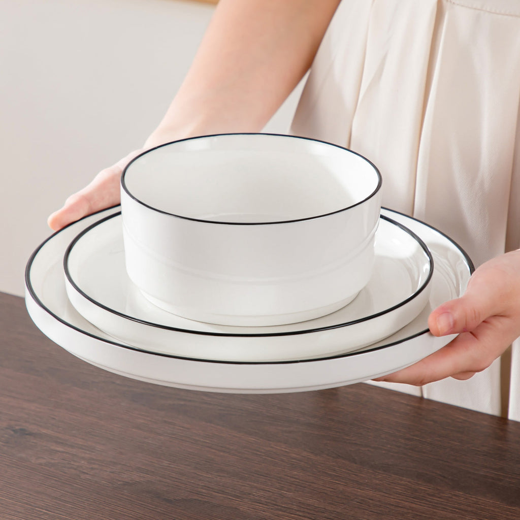 Vancasso 12 Pcs Dinnerware Sets, Plates and Bowls Set for 4, Ceramic Dinner Set, Scratch Resistant, White