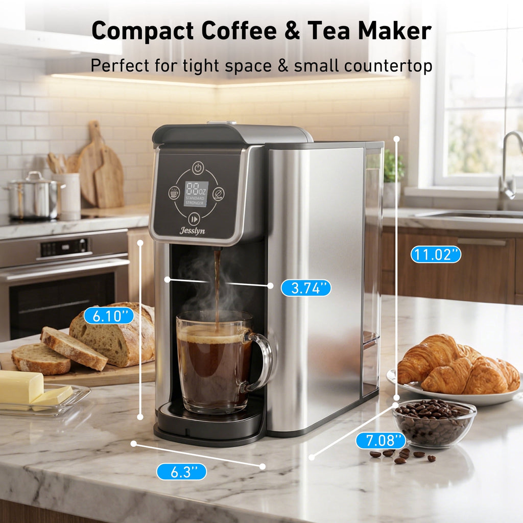 Jesslyn 3 in 1 Single Serve Coffee Maker: K Cup Coffee Machine Compatible with Grounds, Instant Coffee Pot, Tea Maker Brewer - Removable 50 oz Water Reservoir, 120V 1150W, Black
