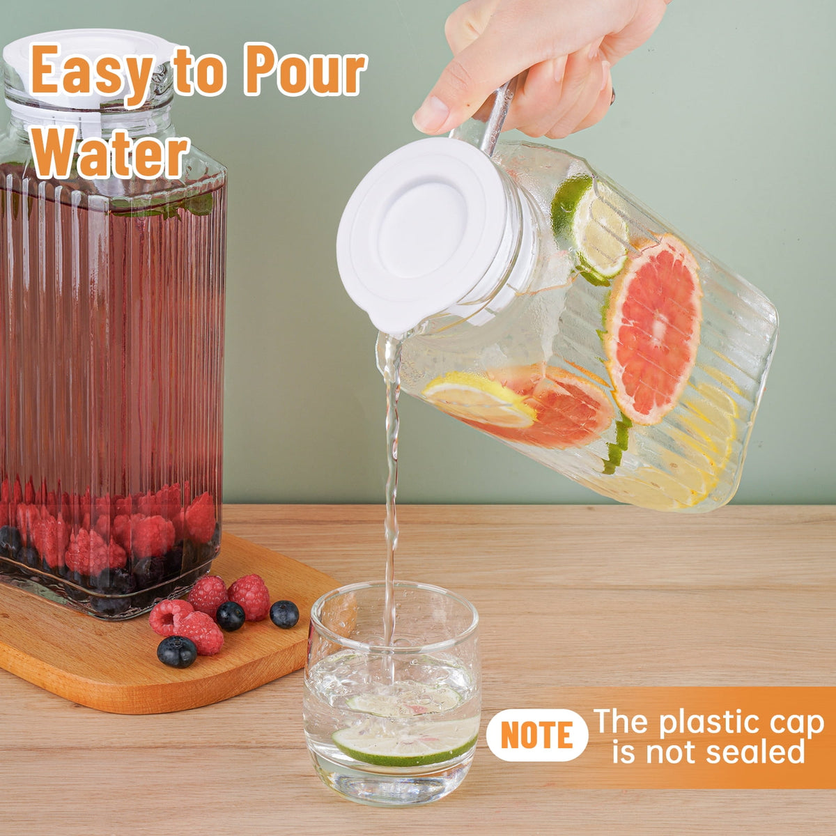 NiHome Glass Pitchers with Lids, 57oz Glass Water Fridge Pitcher for Drinks, Glass Water Jug with Lid & Brush, Beverage Serveware & Storage Container for Lemonade, Iced Tea, Milk, Coffee(2PCS Clear)