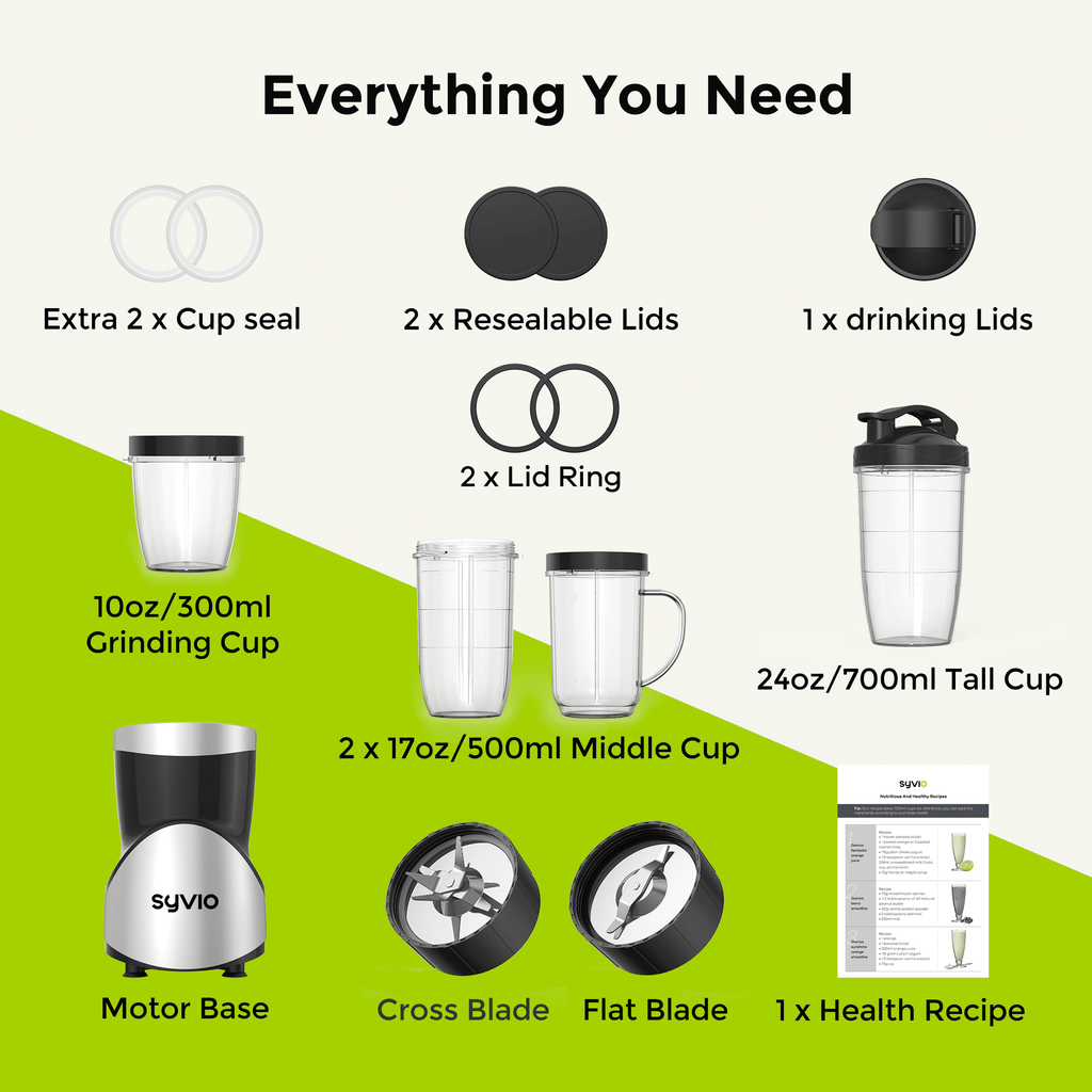 Syvio Smoothie Blender for Shakes and Smoothies, 4 Portal Cups, 15 Pieces Kitchen Personal Blender and Grinder Combo, BPA-Free Juice Blender Set