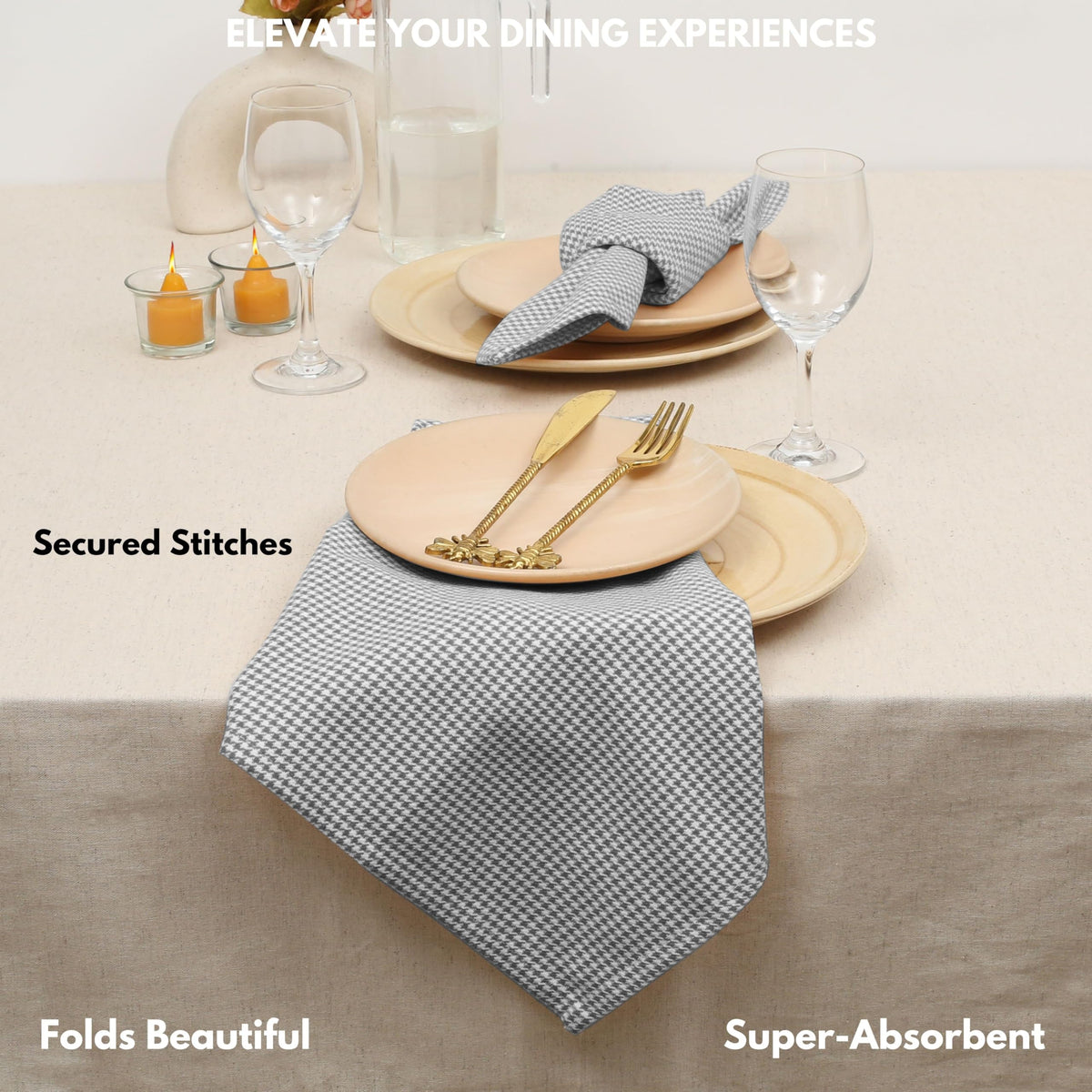 Softopia Cotton Cloth Napkin 100% Cotton 18"x18" Decorative Washable Table Houndstooth Check Napkins Set of 4 for Dining, Holidays, Buffet Parties & Wedding Use - Grey