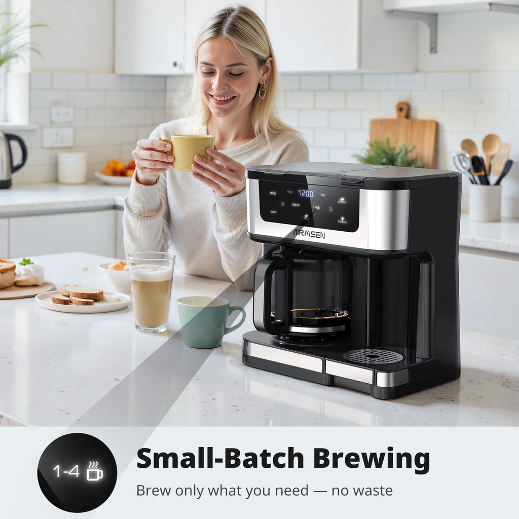 AIRMSEN 12-Cup Drip Coffee Maker with K Cup Combo, Programmable Coffee Machine with 1-4 Cup Setting, Single Serve or Coffee Pot, Auto Shut-off, Spill-Free Spout