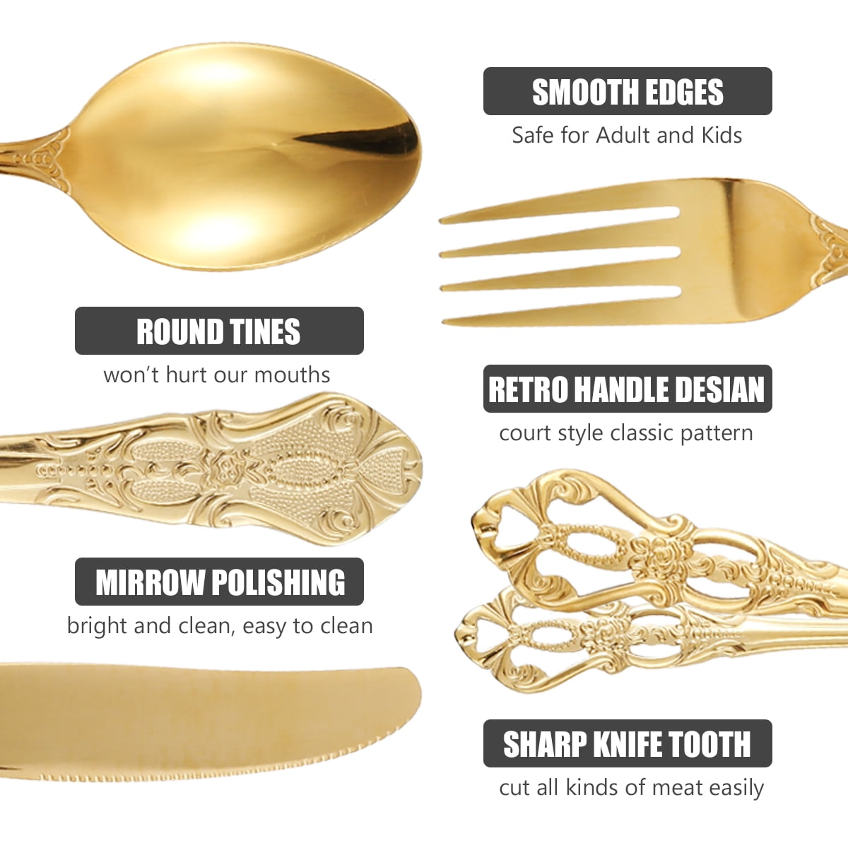 Jetcloudlive 20 Pcs Gold Silverware Set,Retro Royal Stainless Steel Flatware Utensil Sets for 4,Gold Luxury Cutlery Set Includes Forks Spoons Knives,Mirror Polished,Dishwasher Safe