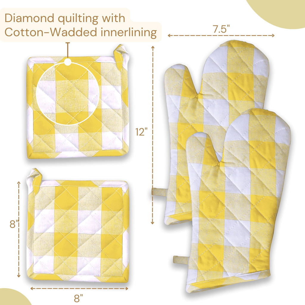 Softopia Cotton Buffalo Plaid Check Oven Mitts and Pot Holders Set, 100% Cotton, Heat Resistant, 2 Oven Gloves 7x13 Inches and 2 Hot Pads 8x8 Inches for Cooking and Baking, Lemon Yellow White