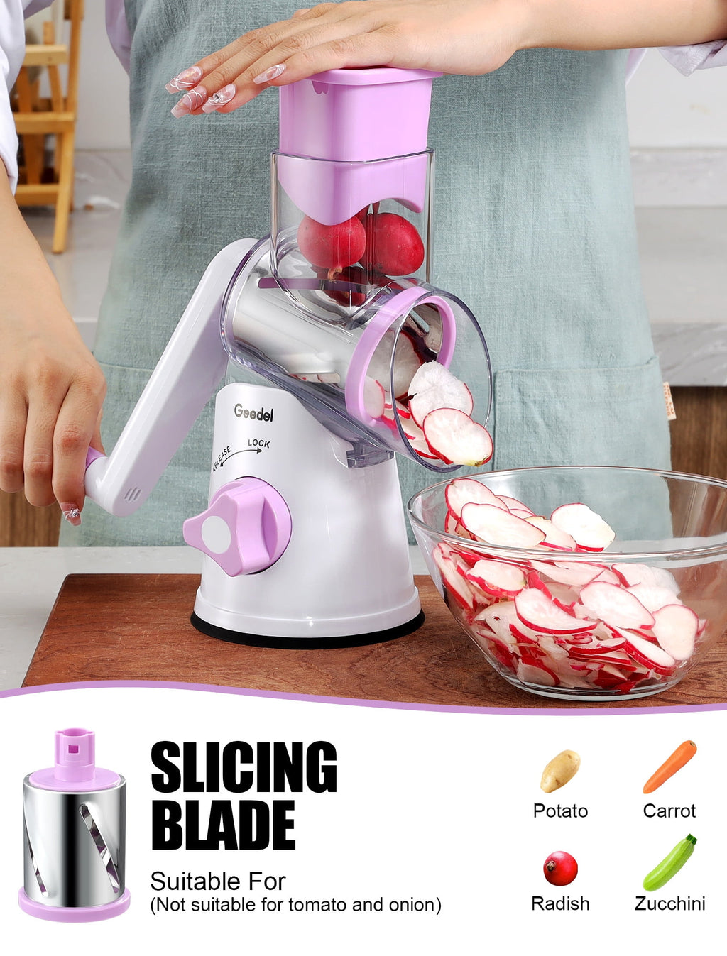 Geedel Rotary Cheese Grater, Kitchen Grater with Strong Suction Base, Dishwasher Safe, Easy to Clean Grater for Cheese,Vegetable, Nuts (3 Blades)